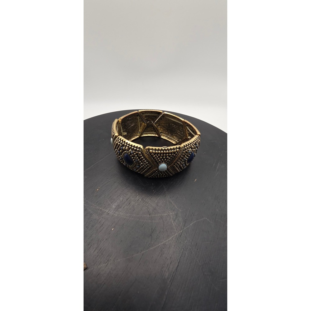 Vintage Style Gold Tone Blue Cabochon Stretch Cuff Statement Bracelet